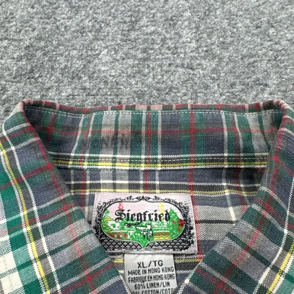 Vintage Siegfried Shirt Mens XL Multicolor Plaid Linen Short Sleeve Button Front